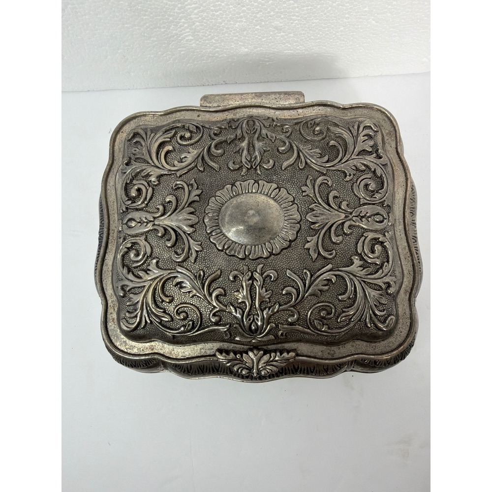 Vintage Ornate Silver Tone Repousse Jewelry Box Red Velvet Lining Floral Scroll